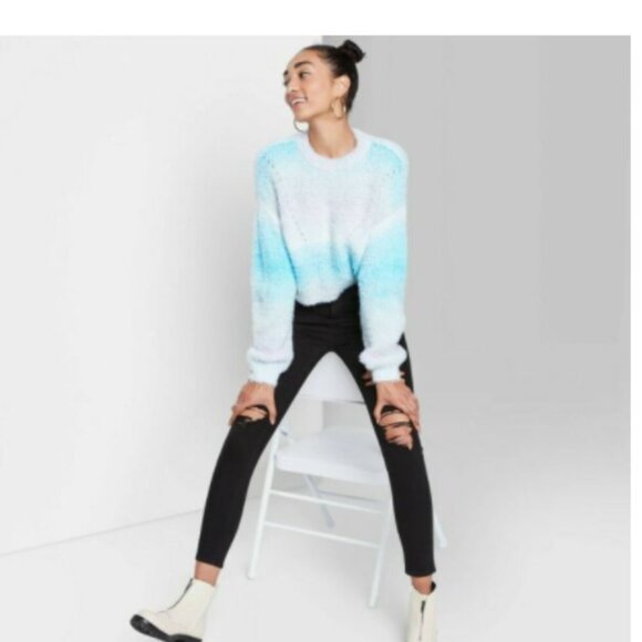 Wild Fable Sweater Spacedye Blue Crewneck Pullover Fuzzy Cropped Womens - Picture 2 of 8